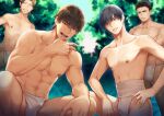  4boys abs backlighting black_hair blonde_hair blurry brown_hair bulge collarbone crossed_arms day depth_of_field fundoshi grin hair_between_eyes hand_on_own_hip hand_on_own_knee hand_to_own_mouth hand_up japanese_clothes looking_at_viewer male_focus male_underwear mullet multiple_boys muscular muscular_male nature navel nipples official_art original outdoors shidatsu_takayuki smile smirk spread_legs squatting standing tongue tongue_out underwear underwear_only you_gonna_get_raped 