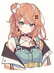  1girl black_choker blush_stickers bow choker ear_piercing green_eyes green_overalls hair_ornament highres igarashi_rika jacket long_hair lq_saku multicolored_hair nijisanji orange_hair orange_jacket piercing simple_background solo star_(symbol) star_hair_ornament streaked_hair upper_body virtual_youtuber white_background white_hair 