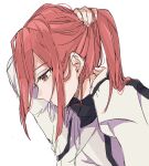 1boy blue_lock chigiri_hyoma ehqh9d hairband hands_up highres jacket long_hair long_sleeves looking_away male_focus mouth_hold red_eyes red_hair simple_background sketch sleeves_past_wrists solo tying_hair upper_body white_background white_jacket 