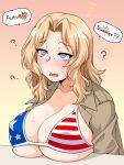  1girl ? american_flag_bikini bikini blonde_hair blue_eyes blush breast_rest breasts cleavage flag_print girls_und_panzer gradient_background jacket kay_(girls_und_panzer) large_breasts long_hair military_jacket oosaka_kanagawa open_mouth orange_background simple_background solo sweat swimsuit upper_body yellow_background 