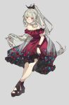  1girl absurdres bare_shoulders black_bow black_footwear blush bow breasts cleavage dress flower flower_ornament full_body grey_background grey_hair hair_bow hair_flower hair_ornament high_heels high_ponytail highres lai_dou_laile_555 light_smile long_hair nijisanji nijisanji_en red_dress red_eyes red_nails reimu_endou see-through see-through_dress simple_background small_breasts solo toenails wrist_cuffs 