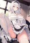  +_+ 1girl absurdres azur_lane bare_shoulders black_headwear black_panties blunt_bangs blush breasts clothes_lift collar elbow_gloves gloves hair_flowing_over highres indoors large_breasts leg_up long_hair low_wings maid maid_headdress ochinsama panties red_eyes scylla_(azur_lane) skirt skirt_lift smile solo symbol-shaped_pupils thighhighs thighs underwear white_collar white_gloves white_hair white_thighhighs window wings 