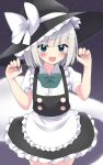  1girl apron black_headwear black_skirt black_vest blue_eyes blush bow collared_shirt cosplay cowboy_shot fang fingernails frilled_apron frilled_skirt frills grey_hair hat hat_bow highres hitodama kirisame_marisa kirisame_marisa_(cosplay) konpaku_youmu konpaku_youmu_(ghost) long_fingernails looking_at_viewer open_mouth puffy_short_sleeves puffy_sleeves sharp_fingernails shirt shishiky short_hair short_sleeves skin_fang skirt smile solo touhou vest waist_apron white_apron white_bow white_shirt witch_hat 