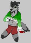  absurd_res anthro black_sclera blep bottomwear boxers_(clothing) bulge canid canine canis clothed clothing dark_hair fingers fox fur green_eyes green_sweatshirt grey_background grey_body grey_fur grey_hair grey_nose hair hair_over_eye hand_under_shirt hi_res hybrid kneeling leaning leaning_back long_hair male male/male mammal messy_hair michael_tzerkan_(scarky0) one_eye_obstructed red_boxers red_clothing red_underwear scarky0 simple_background smile smirk solo sweatshirt tongue tongue_out topwear underwear wolf 