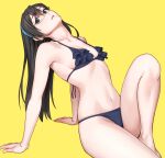  1girl bikini black_bikini black_hair breasts frilled_bikini frilled_bikini_top frills glasses green_eyes hairband highres kantai_collection long_hair navel ooyodo_(kancolle) small_breasts smile solo stomach swimsuit yellow_background yuuji_(and) 