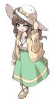  1boy a.i._voice adjusting_clothes adjusting_headwear blunt_bangs brown_hair cardigan fun_bo green_eyes green_skirt hat highres jewelry kurita_maron long_hair long_skirt long_sleeves looking_at_viewer necklace niconico official_alternate_costume official_art open_mouth otoko_no_ko simple_background skirt smile sun_hat thick_eyebrows white_background white_headwear yellow_cardigan yellow_footwear 