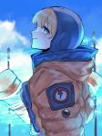  1girl animification apex_legends blonde_hair blue_bodysuit blue_eyes bodysuit breasts bright_pupils cloud electricity from_side highres hood hood_down hood_up hooded_bodysuit jacket lightning_bolt_symbol looking_at_viewer medium_breasts orange_jacket profile repu_(rep_sha) scar scar_on_cheek scar_on_face sky smile solo upper_body wattson_(apex_legends) white_pupils 