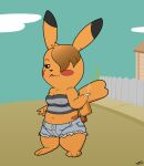  anthro bedroom_eyes bottomwear cholo cigarette clothing cutoffs denim denim_clothing erect_nipples female feral fur generation_1_pokemon hi_res latina lipstick makeup markings mole_(marking) narrowed_eyes nintendo nipples pikachu pokemon pokemon_(species) provocative seductive shorts smoking solo standing tail teot thick_thighs topwear tube_top wide_hips yellow_body yellow_fur 