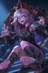  1girl absurdres ahoge bare_shoulders blood blood_from_mouth blurry blurry_background breasts briar_(league_of_legends) chained_wrists colored_sclera colored_skin detached_sleeves feet fingernails full_body grey_eyes grey_hair grey_skin hair_between_eyes hands_up highres knees_up league_of_legends long_sleeves looking_at_viewer medium_breasts medium_hair multicolored_hair nail_polish no_pupils pink_hair pink_sclera pointy_ears sharp_fingernails sharp_teeth shiny_skin sidelocks sitting smile soles solo stirrup_legwear syami_(choiimi) teeth toeless_legwear toes two-tone_hair two_side_up vampire 