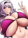  1girl bikini breasts closed_mouth commentary_request grey_hair hairband highres huge_breasts idolmaster kumako_(kumakonoh) light_smile long_hair looking_at_viewer navel purple_bikini purple_eyes purple_hairband shijou_takane shiny_skin simple_background solo swimsuit underboob upper_body v white_background 