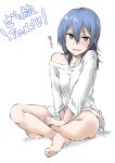 1girl :d bare_legs barefoot between_legs black_eyes blue_hair blush breasts collarbone crossed_ankles elf_(stroll_in_the_woods) feet hair_between_eyes hand_between_legs highres long_hair no_pants off_shoulder open_mouth raised_eyebrows shirt sidelocks simple_background single_bare_shoulder sitting small_breasts smile solo suzugamori_chika toes white_background white_shirt zatsu_tabi 