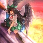  1girl arm_cannon bird_wings black_hair black_thighhighs black_wings bow breasts cape collared_shirt commentary_request control_rod embers fang feathered_wings fingernails fire foot_out_of_frame forge frilled_shirt_collar frilled_skirt frills green_bow green_skirt hair_between_eyes hair_bow highres long_bangs long_hair looking_at_viewer looking_to_the_side medium_breasts nyarocks on_one_knee open_mouth print_cape profile puffy_short_sleeves puffy_sleeves red_eyes reiuji_utsuho shirt short_sleeves skin_fang skirt smile solo starry_sky_print thighhighs third_eye touhou v-shaped_eyebrows weapon white_cape white_shirt wings 