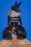  anthro balls big_butt black_body black_fur blue_eyes blue_mouth butt duo epic_games erection female female_on_human fortnite fur genitals harness hi_res hot_dogging human human_on_anthro interspecies looking_back male male/female male_on_anthro mammal pack_leader_highwire penis pulred rear_view sex 