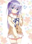  1girl blue_eyes blue_hair cardigan closed_mouth gochuumon_wa_usagi_desu_ka? hair_between_eyes hair_ornament highres hoto_cocoa&#039;s_school_uniform kafuu_chino kohakugin legs_together light_blue_hair light_purple_hair long_hair looking_at_viewer miniskirt school_uniform serafuku simple_background skirt solo standing very_long_hair white_skirt x_hair_ornament 