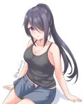  1girl ariake_(kancolle) black_hair black_tank_top casual cowboy_shot grey_shorts hair_over_one_eye highres kantai_collection looking_at_viewer official_alternate_costume one-hour_drawing_challenge ponytail purple_eyes shidas0459 shorts simple_background sitting solo tank_top twitter_username white_background 