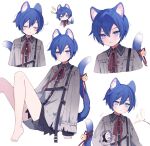  1boy 25-ji_kaito androgynous animal_ear_fluff animal_ears bare_legs barefoot bell blue_hair blush cat_ears cat_tail chibi chibi_inset closed_eyes collared_shirt commentary cropped_torso expressionless eyelashes foot_out_of_frame grey_shirt grey_shorts hand_up kaito_(vocaloid) knees_up legs looking_at_viewer male_focus mogu_(wy5xrt7w) multiple_views neck_ribbon project_sekai red_ribbon ribbon shirt short_shorts shorts sidelocks sleeves_past_wrists sweatdrop tail tail_bell tail_ornament toes upper_body v-shaped_eyebrows vocaloid 