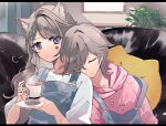  1boy 1girl animal_ears brother_and_sister brown_hair cat_ears coffee coffee_cup couch cup disposable_cup facial_mark genshin_impact grey_overalls hair_ornament hairclip holding holding_cup hood hoodie long_hair long_sleeves lynette_(genshin_impact) lyney_(genshin_impact) overalls pink_hoodie satorigame shirt short_hair siblings star_(symbol) star_facial_mark white_shirt x_hair_ornament 