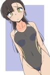  1girl ass_visible_through_thighs asymmetrical_bangs black_hair black_one-piece_swimsuit border breasts brown_eyes commentary_request competition_swimsuit cowboy_shot girls_und_panzer grey_background highleg highleg_swimsuit highres long_hair medium_breasts multicolored_clothes multicolored_swimsuit nishi_kinuyo one-piece_swimsuit renshiu solo straight_hair swimsuit thigh_gap two-tone_background white_border 