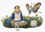  1boy beautifly blonde_hair blue_jumpsuit boots brown_footwear closed_mouth commentary_request flower grass grey_eyes hair_over_one_eye hat highres holding jumpsuit long_sleeves male_focus pokemon pokemon_(creature) pokemon_(game) pokemon_legends:_arceus short_hair sitting smile togepi volo_(pokemon) white_background yellow_flower yellow_headwear zai_(3333333333353pk) 