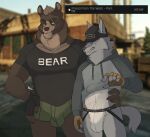  anthro bear blurred_background canid canine canis clothed clothing clothing_lift duo escape_from_tarkov faceless_character faceless_male gameplay_mechanics hand_on_hip hat headgear headwear hi_res jockstrap mafty_(artist) male male/male mammal scar shirt shirt_lift text topwear underwear wolf 