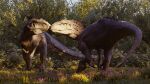  16:9 3d_(artwork) absurd_res blender_(software) carcharodontosaurid claws day detailed_background digital_media_(artwork) dinosaur duo female flower forest giganotosaurus grass hi_res huge_filesize indominus_rex jurassic_park jurassic_world jurassic_world:_dominion kretduy light male male/female outside peaceful plant reptile scalie shrub sunlight tail teeth theropod tree universal_studios widescreen 