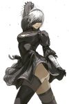  1girl 2b_(nier:automata) absurdres arm_up ass black_blindfold black_dress black_thighhighs blindfold cleavage_cutout closed_mouth clothing_cutout covered_eyes dress feather-trimmed_sleeves gloves highres mole mole_under_mouth nier:automata nier_(series) short_hair simple_background solo standing thighhighs thighs upskirt uqi32 white_background 