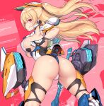  1girl armpits ass blonde_hair breasts from_behind headgear holding holding_weapon hologram holographic_interface impossible_clothes impossible_leotard large_breasts leaning_forward leotard long_hair looking_at_viewer looking_back mecha_musume multicolored_leotard nidy original pink_eyes plump ponytail red_background science_fiction sideboob simple_background skindentation solo thick_thighs thighs thrusters tongue tongue_out weapon 