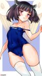  1girl absurdres ahoge aiuti areola_slip black_hair blue_one-piece_swimsuit bob_cut cameltoe cleft_of_venus clothes_pull feet_out_of_frame headgear highres name_tag one-piece_swimsuit one-piece_swimsuit_pull purple_eyes short_hair solo swimsuit thighhighs touhoku_kiritan twitter_username voiceroid white_thighhighs 