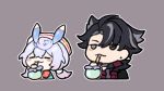  1boy 1girl :3 animal_ears black_coat black_hair blue_hair blush_stickers closed_mouth coat drinking drinking_straw genshin_impact grey_background grey_hair marimo_jh multicolored_hair red_shirt shirt sigewinne_(genshin_impact) smile streaked_hair twintails upper_body white_headwear wriothesley_(genshin_impact) 