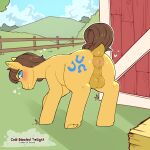  1:1 2023 anus backsack balls blue_eyes brown_hair butt caramel_(mlp) cold-blooded-twilight cutie_mark dock equid equine feral friendship_is_magic fur genitals grass hair hasbro hi_res horse male mammal my_little_pony outside perineum plant pony presenting presenting_hindquarters puffy_anus solo yellow_body yellow_fur 