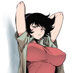  1girl arms_up black_hair breasts character_request copyright_request covered_nipples earrings green_eyes henriiku_(ahemaru) huge_breasts jewelry red_shirt retro_artstyle shadow shirt solo straight_hair tagme white_background 