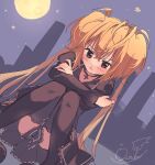  1girl black_choker black_dress black_thighhighs blonde_hair blush choker cityscape cross cross_choker dress full_moon highres hoshina_utau long_hair long_sleeves moon mutsuki_(fujisakike) night night_sky open_mouth purple_eyes shugo_chara! signature sketch sky solo star_(sky) thighhighs twintails 