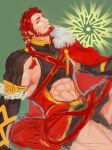  abs_cutout alexander_(fate) alexander_(fate)_(cosplay) alternate_hair_length alternate_hairstyle bara beard cosplay elbow_gloves facial_hair fate/grand_order fate_(series) feet_out_of_frame gloves greek_macedonian_flag head_tilt highres iskandar_(fate) large_pectorals looking_at_viewer male_focus mature_male muscular muscular_male pectorals red_eyes red_hair shababuru short_hair sidepec simple_background sitting smile thighs unfinished 