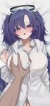  1girl absurdres blue_archive blush breasts buttons cleavage hair_between_eyes halo highres long_hair mcbox mechanical_halo medium_breasts open_mouth purple_eyes purple_hair shirt solo_focus two_side_up white_shirt yuuka_(blue_archive) 