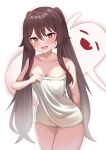  1girl bare_shoulders blush breasts brown_hair cleavage collarbone genshin_impact hair_between_eyes hair_flaps highres hu_tao_(genshin_impact) long_hair looking_at_viewer medium_breasts naked_towel open_mouth red_eyes smile solo star_(symbol) star_in_eye symbol-shaped_pupils symbol_in_eye thighs towel twintails ushimizu white_background 