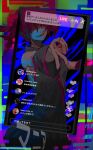  1girl abstract_background black_shirt black_skirt black_sleeves chat_log collared_shirt commentary_request cowboy_shot detached_sleeves drill_hair floating_hair glitch gyaru_v half-closed_eyes head_tilt heart highres hito_mania_(utau) inset kasane_teto katagiri_yuuhi_(paulowniayuuhi) looking_at_viewer medium_hair multicolored_background outstretched_arm paint_splatter paint_splatter_on_face parted_lips red_eyes red_hair shirt skirt sleeveless sleeveless_shirt smirk song_name translation_request twin_drills twitter_x_logo utau v 