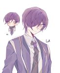  1boy black_sweater blush closed_mouth coat collared_shirt hair_over_one_eye highres library_of_ruina lobotomy_corporation long_sleeves looking_at_viewer multiple_views necktie project_moon purple_coat purple_hair purple_necktie ribbed_sweater sakiaoba shirt simple_background sweater sweater_under_shirt turtleneck turtleneck_sweater upper_body white_background white_shirt yellow_eyes yesod_(project_moon) 