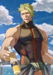  1boy absurdres achilles_(fate) against_railing beer_bottle black_shirt blue_sky bottle brown_eyes clothes_around_waist corona_(brand) covered_abs fate/grand_order fate_(series) fingernails green_hair haruakira highres holding holding_bottle jacket jacket_around_waist male_focus mature_male muscular muscular_male one_eye_closed open_mouth outdoors pectorals railing shirt skin_tight sky sleeveless sleeveless_shirt solo spiked_hair teeth turtleneck undercut upper_teeth_only 