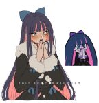  1girl artist_name black_hair black_nails blunt_bangs blush bow commentary covered_mouth criis-chan cropped_torso fur-trimmed_jacket fur_trim grey_eyes hair_bow hands_up jacket long_hair long_sleeves multicolored_hair multiple_views nail_polish official_alternate_costume own_hands_clasped own_hands_together panty_&amp;_stocking_with_garterbelt pink_hair simple_background stocking_(psg) two-tone_hair white_background 