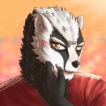 2022 anthro badger blush bodily_fluids bust_portrait clothed clothing colored digital_media_(artwork) fluffy fur hand_on_head hi_res inner_ear_fluff looking_at_viewer male mammal michael_o&#039;connor_(templar) mustelid musteline nails open_mouth portrait raised_arm shirt shy signature simple_background smile solo super-nova swaggy_tamago sweat sweatdrop topwear tuft yellow_eyes 