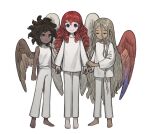  3girls absurdres aged_down angel barefoot blue_eyes brown_hair brown_wings closed_eyes curly_hair dark-skinned_female dark_skin feathered_wings highres holding_hands long_hair long_sleeves looking_at_viewer multiple_girls napal_(ve_xillum) original pants red_hair ringed_eyes shirt sleeveless very_long_hair white_pants white_shirt white_wings wings 