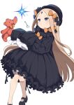  1girl abigail_williams_(fate) black_bow black_dress black_headwear blonde_hair bloomers blue_eyes blush bow breasts dress fate/grand_order fate_(series) forehead gamuo hair_bow hat key keyhole long_hair long_sleeves open_mouth orange_bow parted_bangs revision ribbed_dress sleeves_past_fingers sleeves_past_wrists small_breasts solo stuffed_animal stuffed_toy teddy_bear white_bloomers 