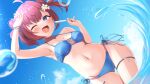  1girl absurdres ahoge armpits ass_visible_through_thighs bikini blue_bikini blue_eyes borrowed_character breasts double_bun food groin hair_bun hair_flaps highres ikatako0312 looking_at_viewer navel one_eye_closed original popsicle red_hair side-tie_bikini_bottom sideways small_breasts smile solo swimsuit virtual_youtuber 