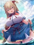  1girl ahoge akai_haato akai_haato_(1st_costume) aqua_eyes ass_visible_through_thighs beach blonde_hair blue_skirt blue_sky blurry blurry_background blush breasts cloud collared_shirt day fang hair_between_eyes hair_ornament heart heart_hair_ornament highres hololive huge_breasts long_hair looking_at_viewer magowasabi medium_breasts open_mouth outdoors red_ribbon ribbon shirt short_sleeves signature skin_fang skirt sky smile solo standing summer thick_thighs thighs very_long_hair virtual_youtuber wading white_shirt 