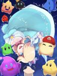  1girl blonde_hair blue_dress blue_eyes brooch crown dress hair_over_one_eye hat highres hungry_luma_(super_mario_galaxy) jewelry kohana_62 long_hair long_sleeves looking_at_viewer lubba luma_(mario) mario_(series) open_mouth polari_(super_mario_galaxy) rosalina space sparkle super_mario_galaxy twitter_username upside-down 