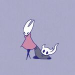  1girl 1other arthropod_girl black_eyes black_skin blank_eyes broken_vessel_(hollow_knight) cloak colored_skin commentary dragging full_body grey_cloak hollow_knight hornet_(hollow_knight) purple_background red_cloak sakana_2-gou simple_background standing walking 