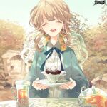  1girl :d blue_ribbon brown_hair chair closed_eyes copyright_name cup dairoku_ryouhei day earrings facing_viewer jewelry long_hair long_neck long_sleeves outdoors ribbon seiyakarutaken shirono_ibara sitting smile table tea teacup teapot 