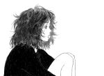  1girl candy commentary food food_in_mouth from_side greyscale highres kgeroua lollipop long_sleeves medium_hair messy_hair monochrome original profile sitting solo symbol-only_commentary 