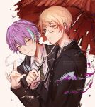  2boys bespectacled blonde_hair blue_hair closed_mouth collared_shirt diagonal-striped_necktie fox_shadow_puppet gakuran glasses gradient_hair highres holding holding_umbrella ichigo_ichie_na_hyakki_yagyou!?_(project_sekai) juicelooped kamishiro_rui lapels long_sleeves looking_at_viewer male_focus multicolored_hair multiple_boys notched_lapels official_alternate_costume official_alternate_hairstyle orange_eyes orange_hair project_sekai purple_hair red_umbrella school_uniform shirt short_hair sideways_glance streaked_hair sweater_vest tenma_tsukasa torn_umbrella twitter_username two-tone_hair umbrella upper_body watermark yellow_eyes 