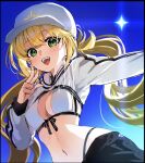  1girl artoria_caster_(fate) artoria_caster_(swimsuit)_(fate) artoria_pendragon_(fate) baseball_cap bikini blonde_hair blush breasts commentary_request cropped_jacket fate/grand_order fate_(series) galibo green_eyes hat highres jacket long_hair looking_at_viewer medium_breasts navel smile solo stomach swimsuit teeth twintails upper_teeth_only v very_long_hair white_bikini white_headwear white_jacket 